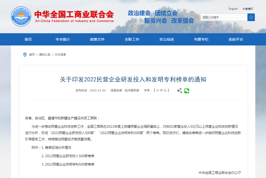 ok138太阳集团荣登“2022民营企业发明专利500家”榜单
